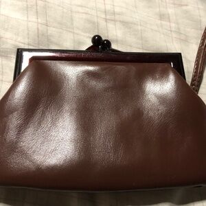 LIKE NEW Vintage Chocolate Brown Snap Clutch with Wristlet handle & Mirror